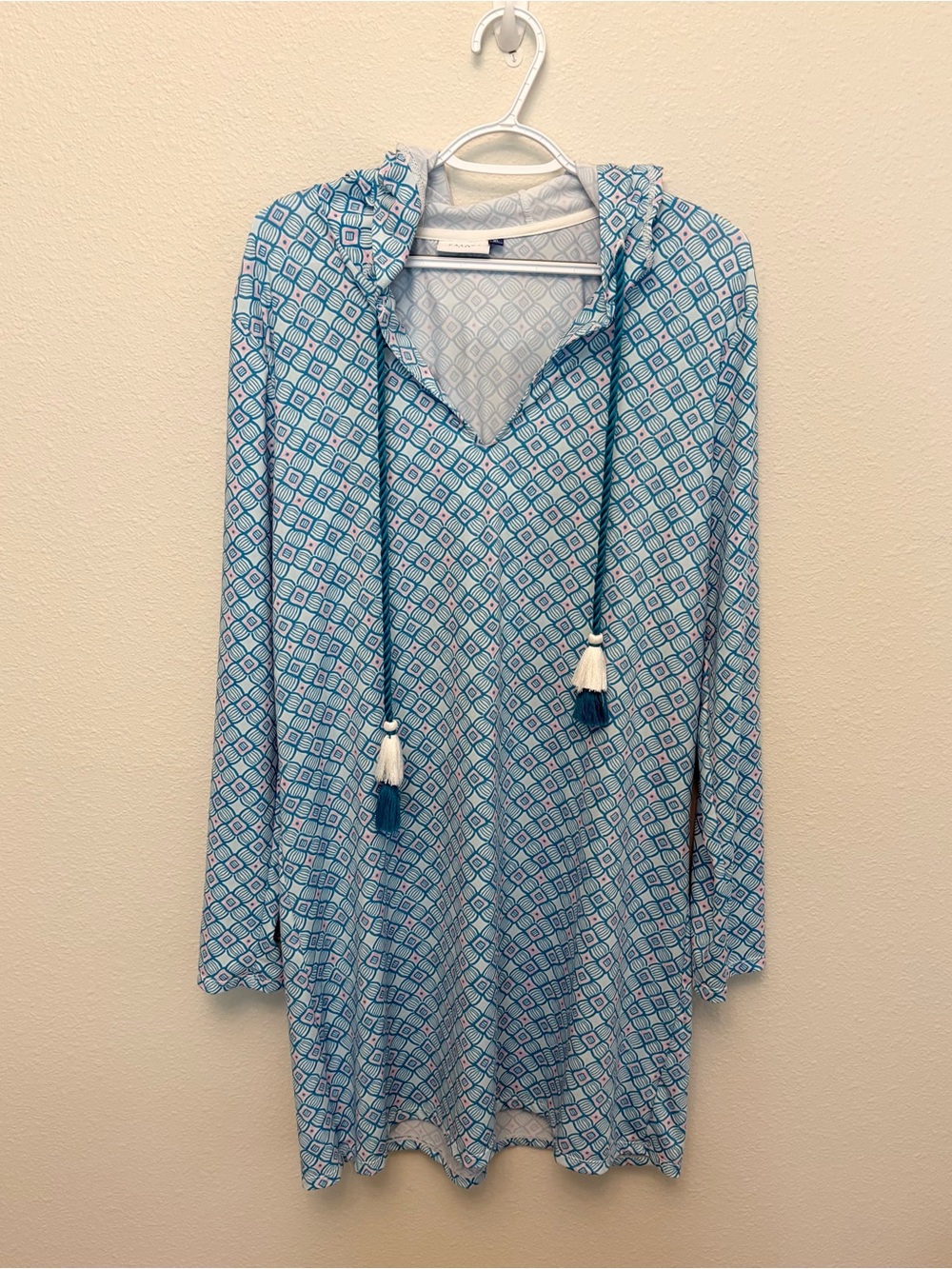 Cabana Life Women's Geometric Hooded Tassel Cover Up Dress Size XL Beach Blue